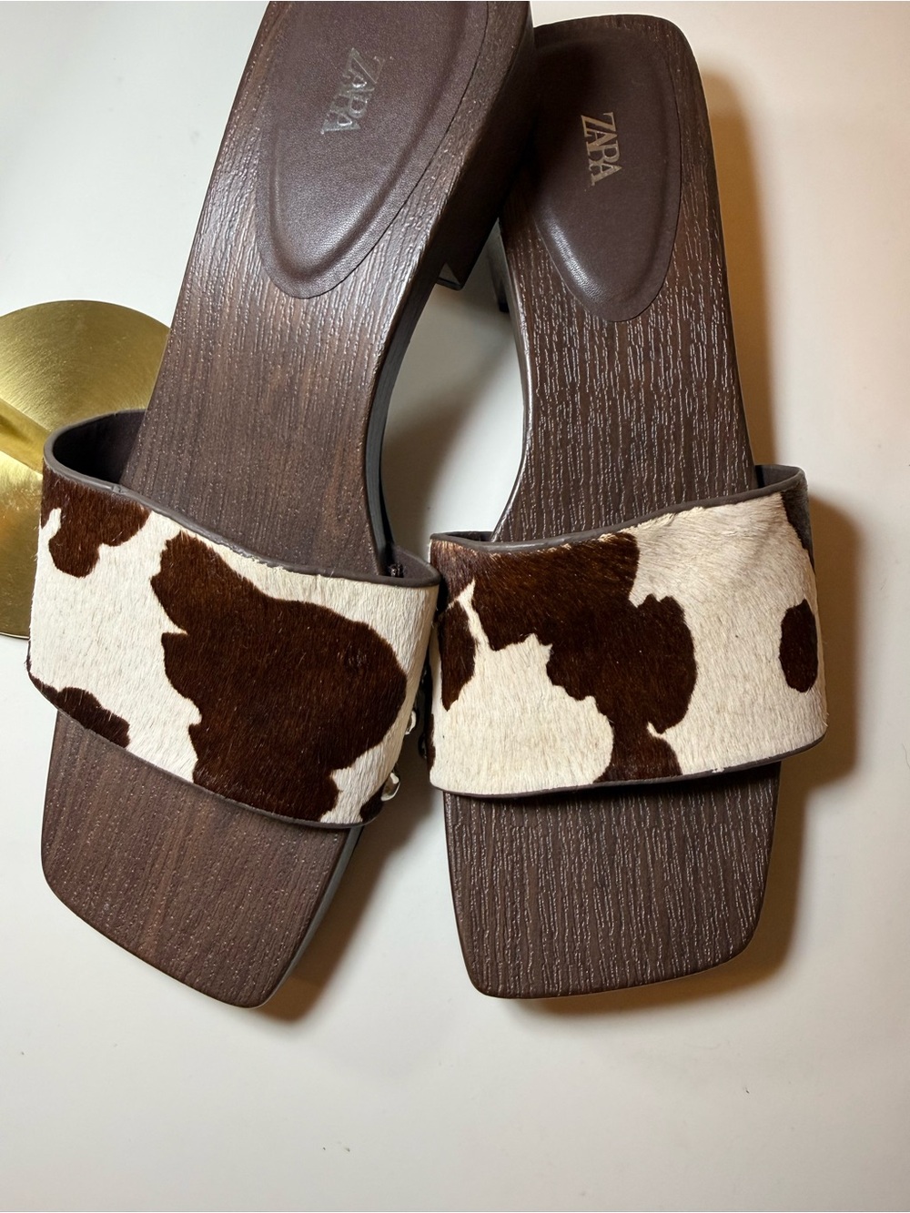 Zara Cow Print Faux Fur Leather Sandals - Picture 5 of 7